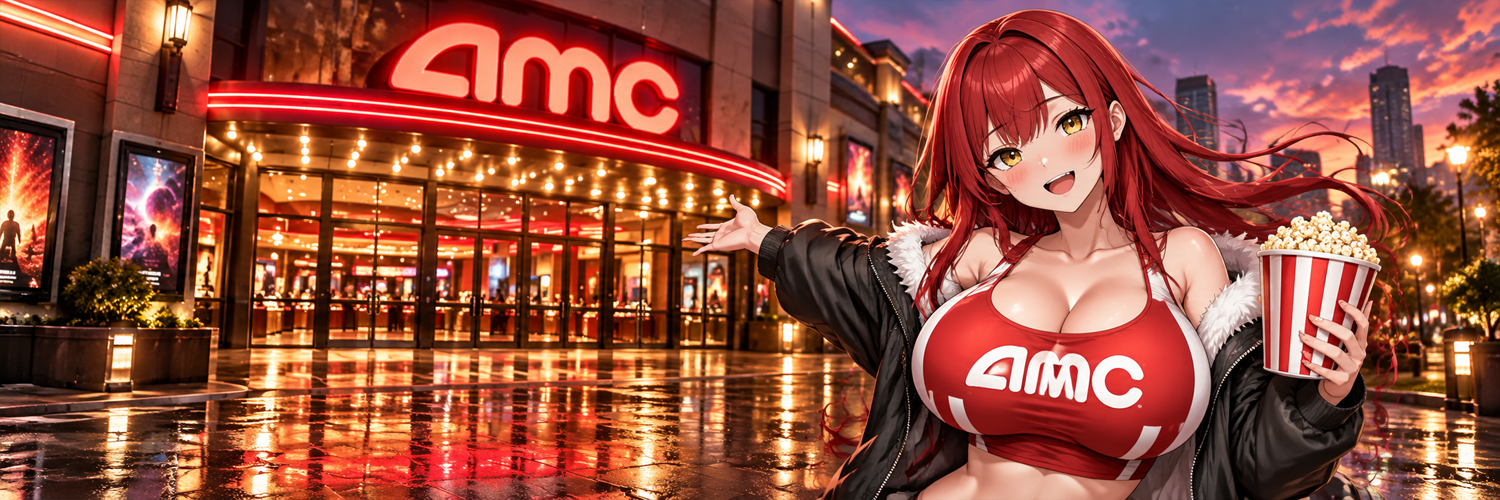 A Massive Chest banner: red-haired premiere host with popcorn in front of a glowing AMC theater at sunset