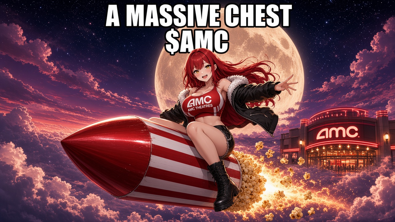 A Massive Chest riding a popcorn rocket past the moon, ticker $AMC, with an AMC theater below